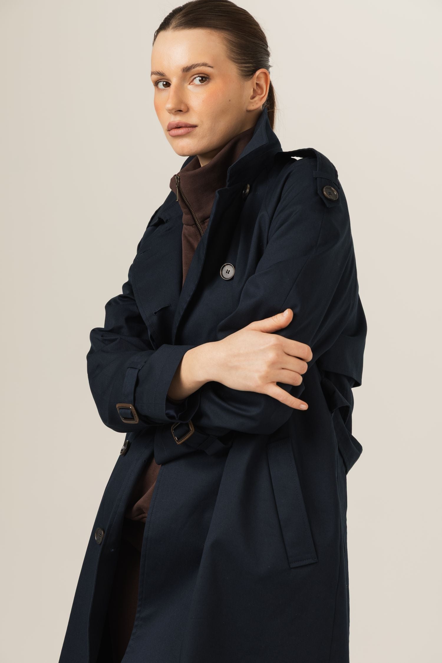 Klasyczny trencz damski długi płaszcz na wiosnę i jesień - beżowy / czarny / granatowy